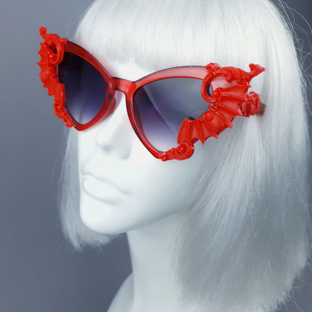 "Bats In The Belfry" Red Filigree Baroque Rococo Sunglasses