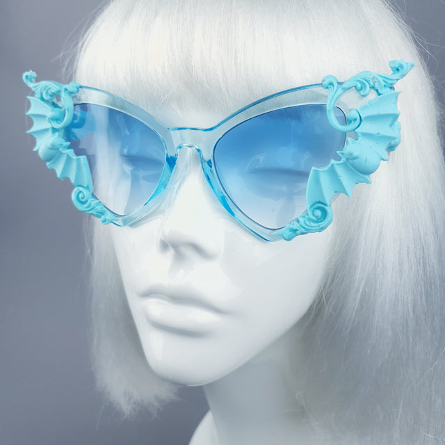 "Bats In The Belfry" Blue Filigree Baroque Rococo Sunglasses