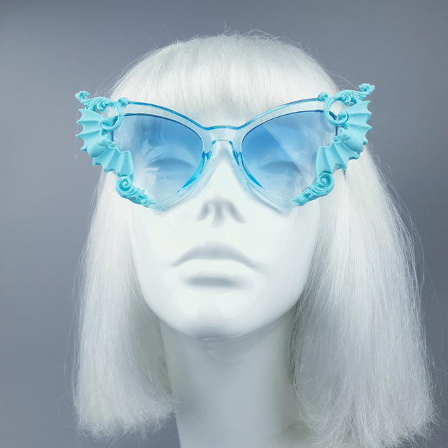 "Bats In The Belfry" Blue Filigree Baroque Rococo Sunglasses