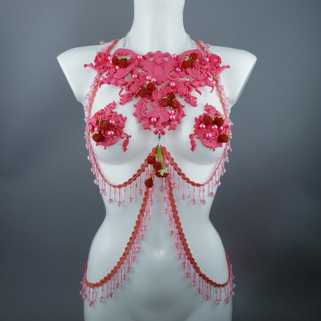 "Framboise" Raspberry, Unicorn & Pearl Pink Harness Body Jewellery & Pasties.