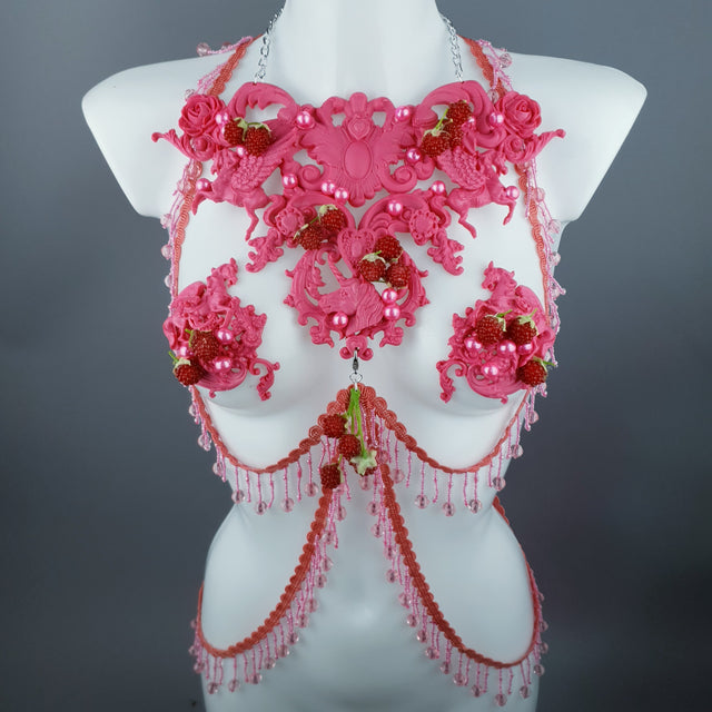 "Framboise" Raspberry, Unicorn & Pearl Pink Harness Body Jewellery & Pasties.