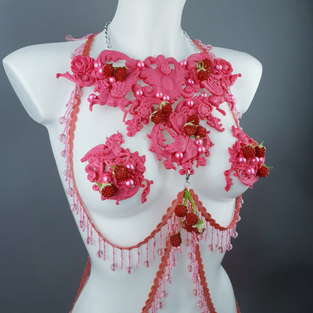 "Framboise" Raspberry, Unicorn & Pearl Pink Harness Body Jewellery & Pasties.