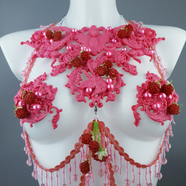 "Framboise" Raspberry, Unicorn & Pearl Pink Harness Body Jewellery & Pasties.