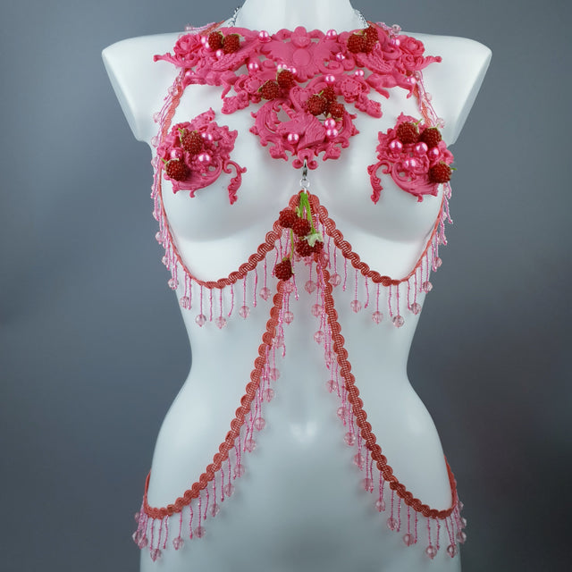 "Framboise" Raspberry, Unicorn & Pearl Pink Harness Body Jewellery & Pasties.