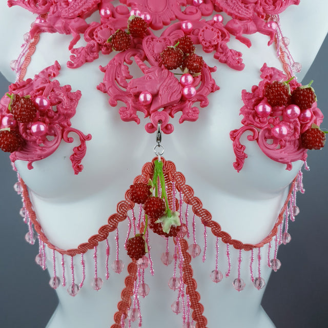 "Framboise" Raspberry, Unicorn & Pearl Pink Harness Body Jewellery & Pasties.