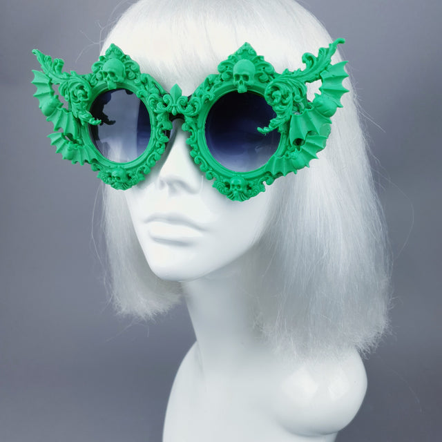 "Green Eyed Monster" Skull, Bat & Filigree Sunglasses