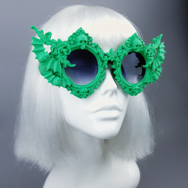 "Green Eyed Monster" Skull, Bat & Filigree Sunglasses