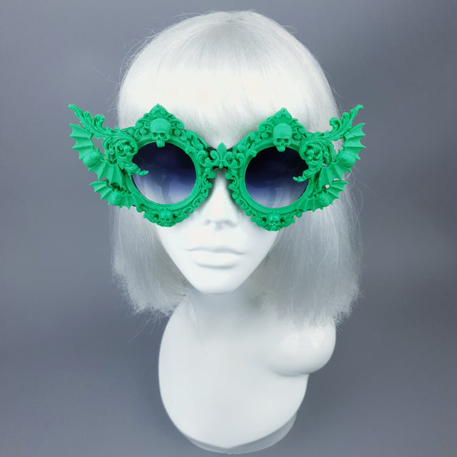 "Green Eyed Monster" Skull, Bat & Filigree Sunglasses