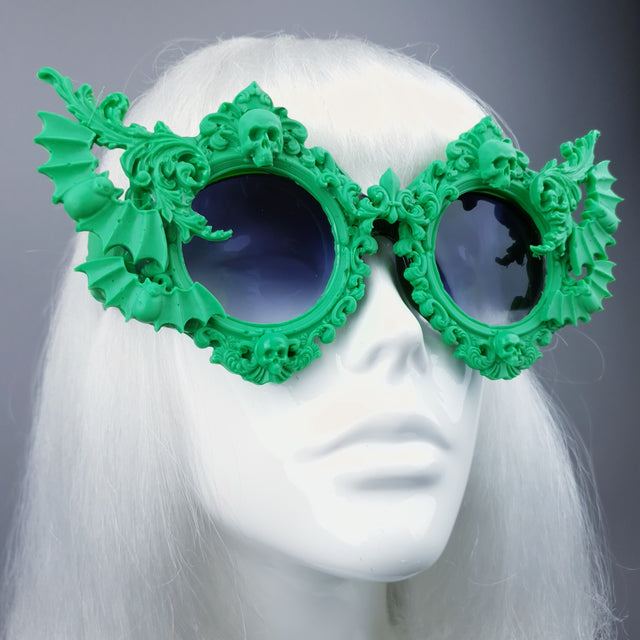 "Green Eyed Monster" Skull, Bat & Filigree Sunglasses