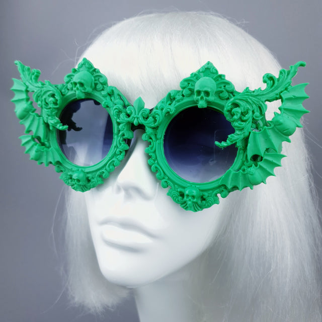 "Green Eyed Monster" Skull, Bat & Filigree Sunglasses