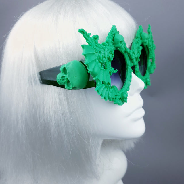 "Green Eyed Monster" Skull, Bat & Filigree Sunglasses
