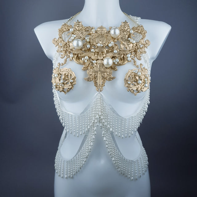 "Lavica" Gold Lions, Rose & Pearl Harness Body Jewellery & Pasties.