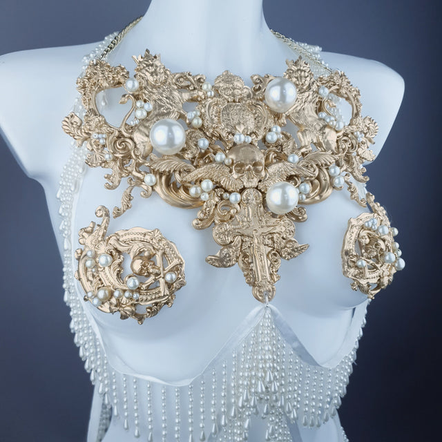"Lavica" Gold Lions, Rose & Pearl Harness Body Jewellery & Pasties.
