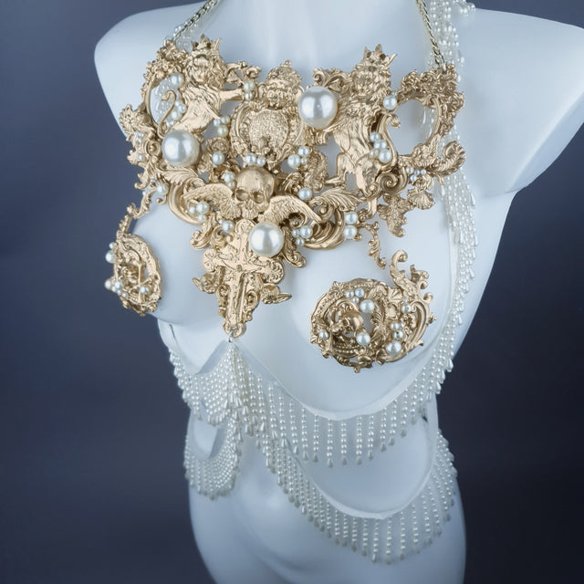 "Lavica" Gold Lions, Rose & Pearl Harness Body Jewellery & Pasties.