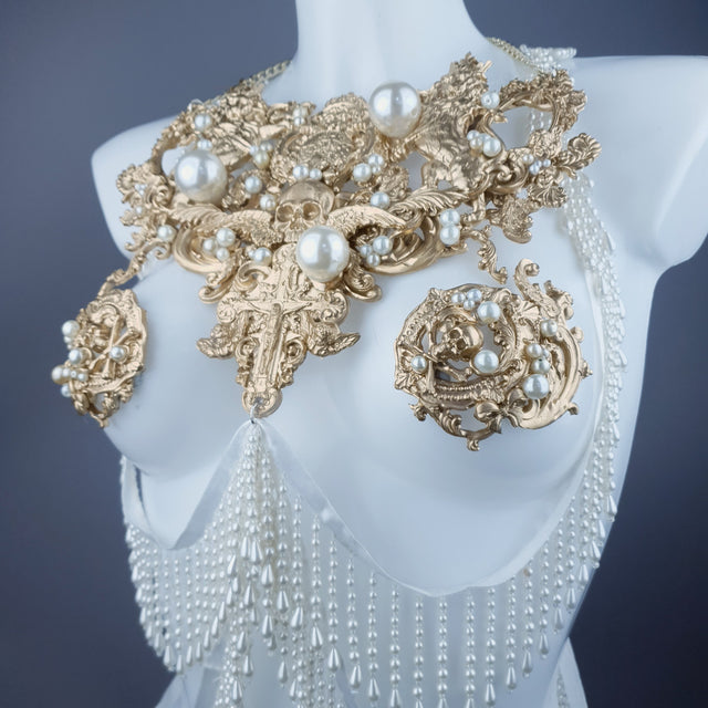 "Lavica" Gold Lions, Rose & Pearl Harness Body Jewellery & Pasties.