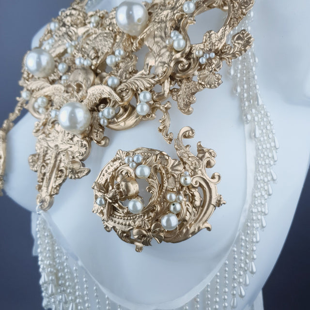 "Lavica" Gold Lions, Rose & Pearl Harness Body Jewellery & Pasties.
