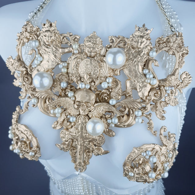 "Lavica" Gold Lions, Rose & Pearl Harness Body Jewellery & Pasties.