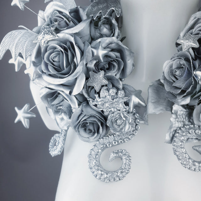 "Zilarra" OTT Silver Rose, Stars & Filigree Shoulder/Neckpiece