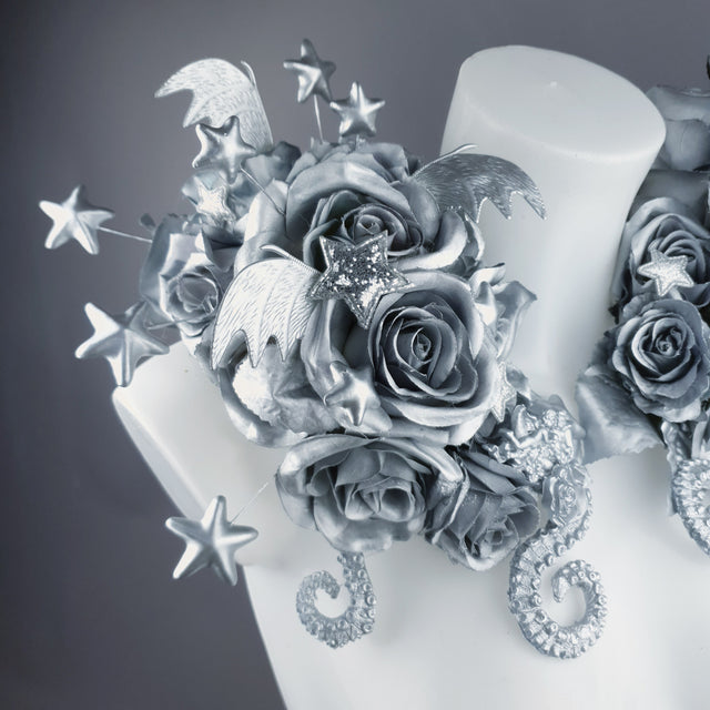 "Zilarra" OTT Silver Rose, Stars & Filigree Shoulder/Neckpiece