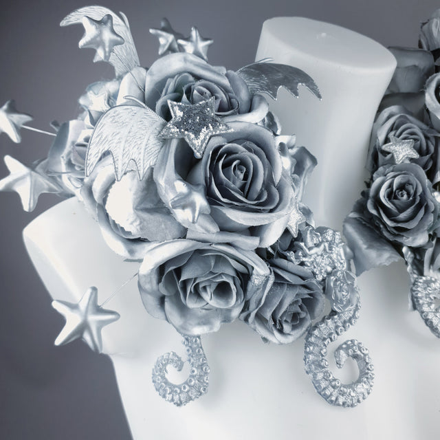 "Zilarra" OTT Silver Rose, Stars & Filigree Shoulder/Neckpiece