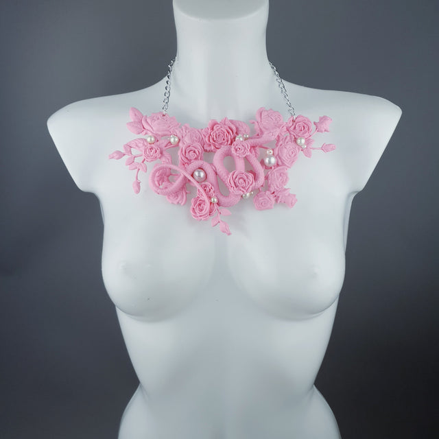 "Cleo" Pastel Pink Snake, Roses & Pearls Neckpiece