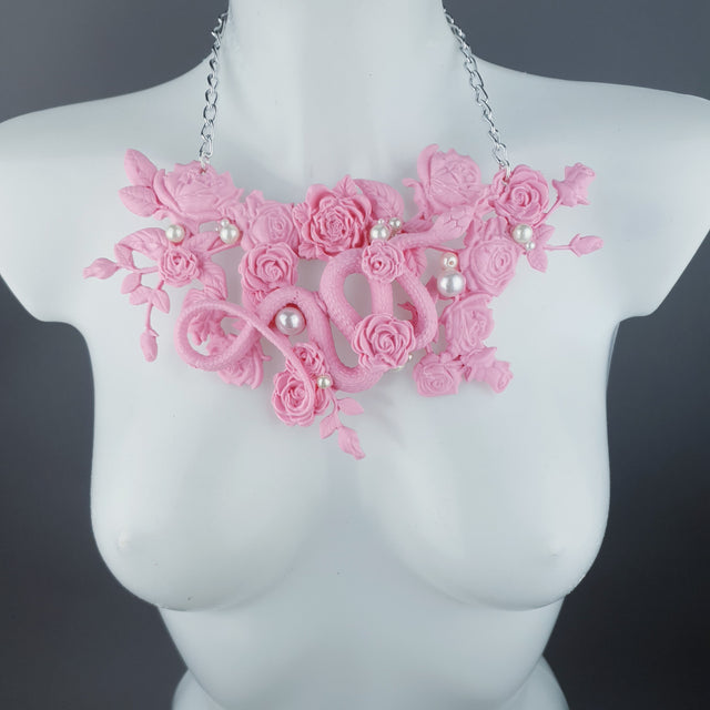 "Cleo" Pastel Pink Snake, Roses & Pearls Neckpiece