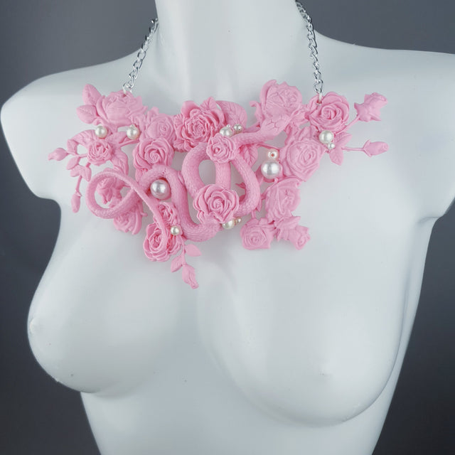 "Cleo" Pastel Pink Snake, Roses & Pearls Neckpiece