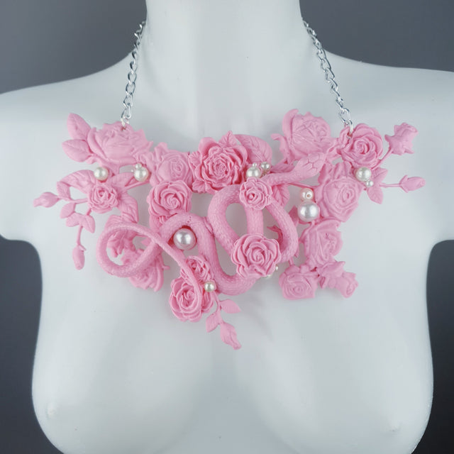 "Cleo" Pastel Pink Snake, Roses & Pearls Neckpiece
