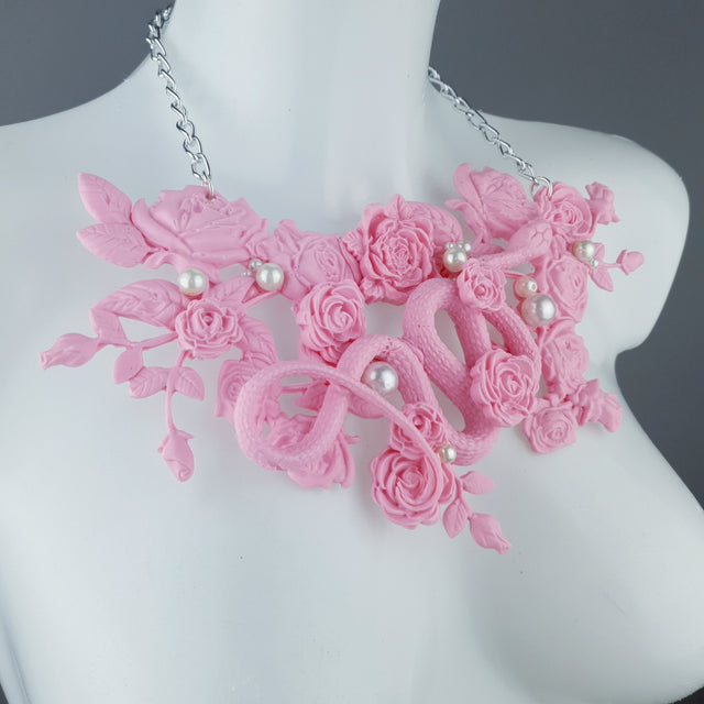 "Cleo" Pastel Pink Snake, Roses & Pearls Neckpiece