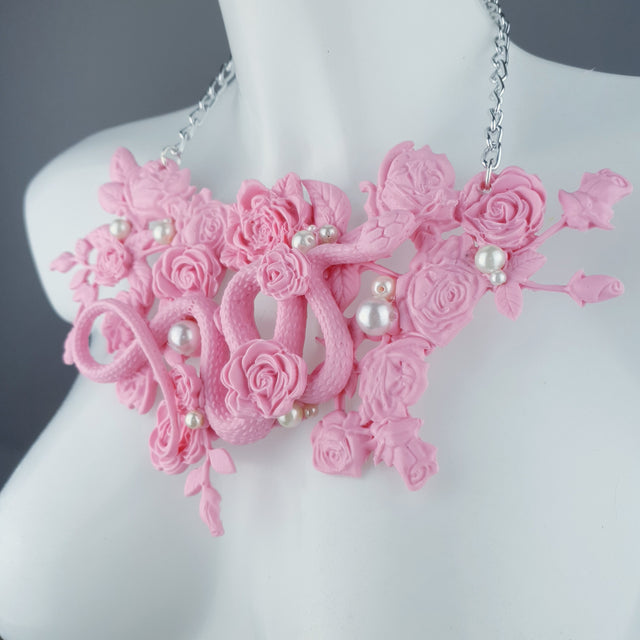 "Cleo" Pastel Pink Snake, Roses & Pearls Neckpiece