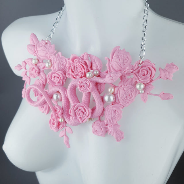 "Cleo" Pastel Pink Snake, Roses & Pearls Neckpiece