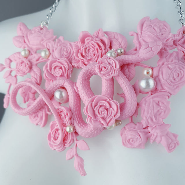 "Cleo" Pastel Pink Snake, Roses & Pearls Neckpiece