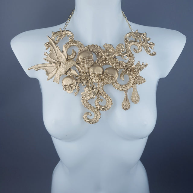 "Samael" Gold Skulls, Tentacles, Hummingbird & Filigree Necklace