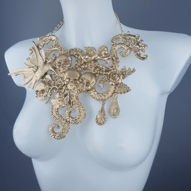 "Samael" Gold Skulls, Tentacles, Hummingbird & Filigree Necklace