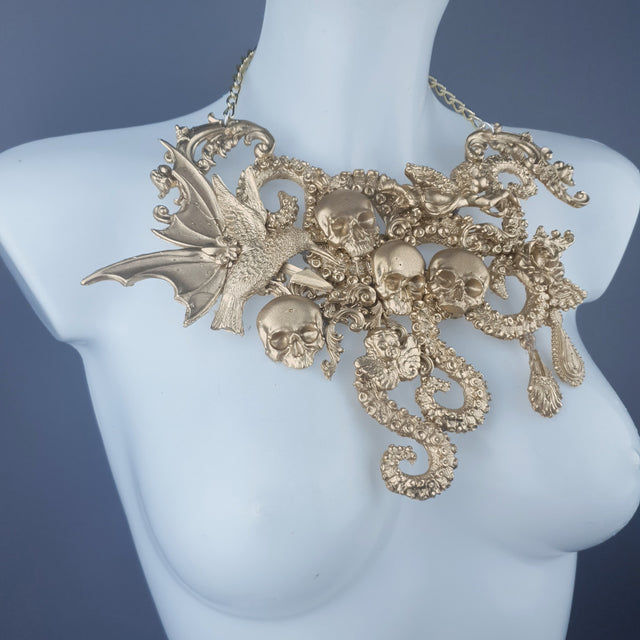 "Samael" Gold Skulls, Tentacles, Hummingbird & Filigree Necklace
