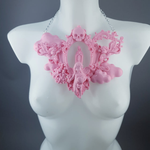 "Ascension" Pastel Pink Mary, Cherubs & Clouds Necklace