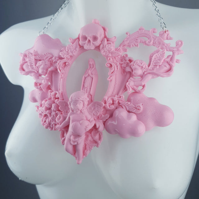 "Ascension" Pastel Pink Mary, Cherubs & Clouds Necklace