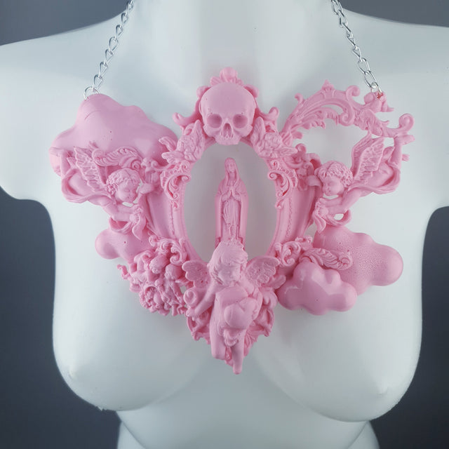 "Ascension" Pastel Pink Mary, Cherubs & Clouds Necklace