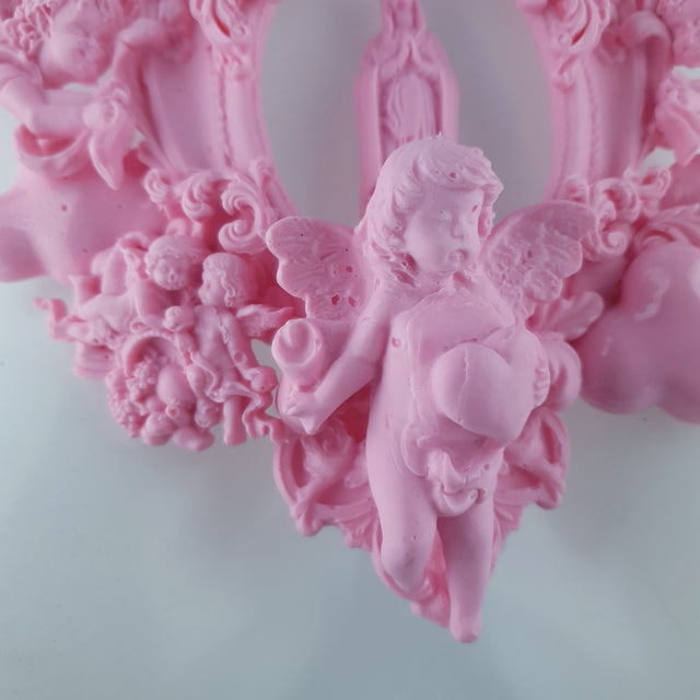 "Ascension" Pastel Pink Mary, Cherubs & Clouds Necklace
