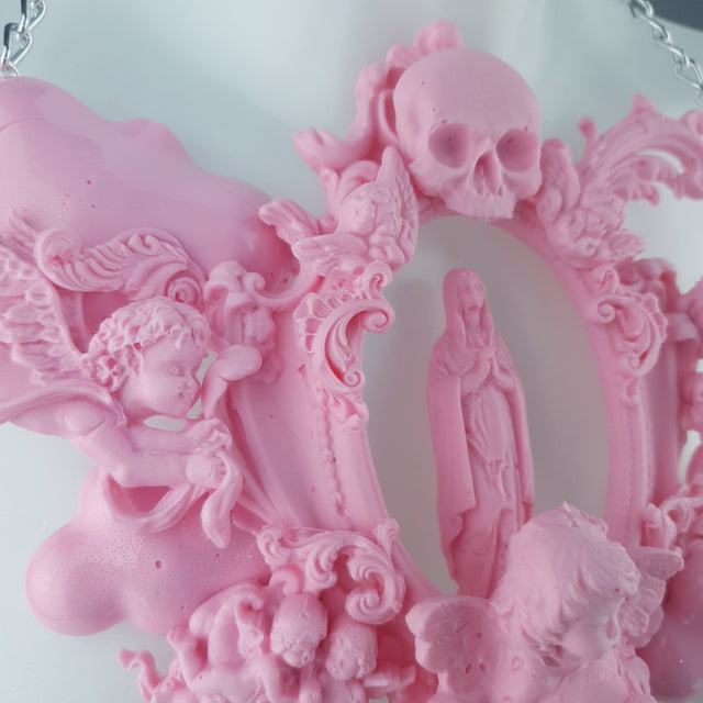 "Ascension" Pastel Pink Mary, Cherubs & Clouds Necklace