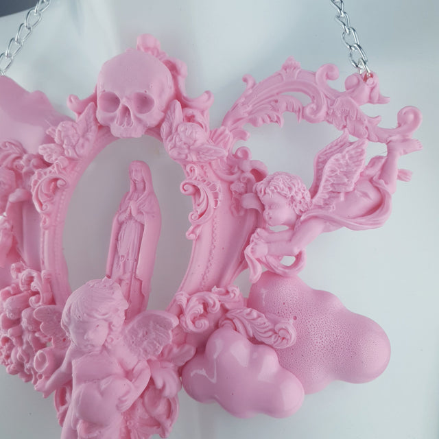 "Ascension" Pastel Pink Mary, Cherubs & Clouds Necklace