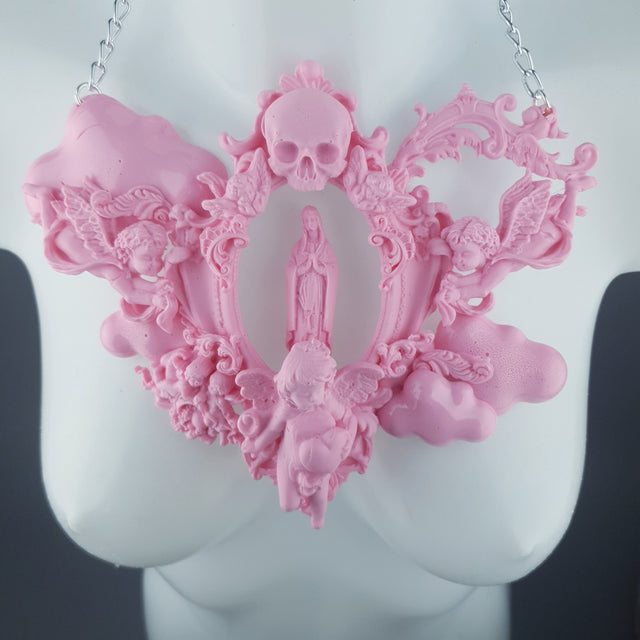 "Ascension" Pastel Pink Mary, Cherubs & Clouds Necklace