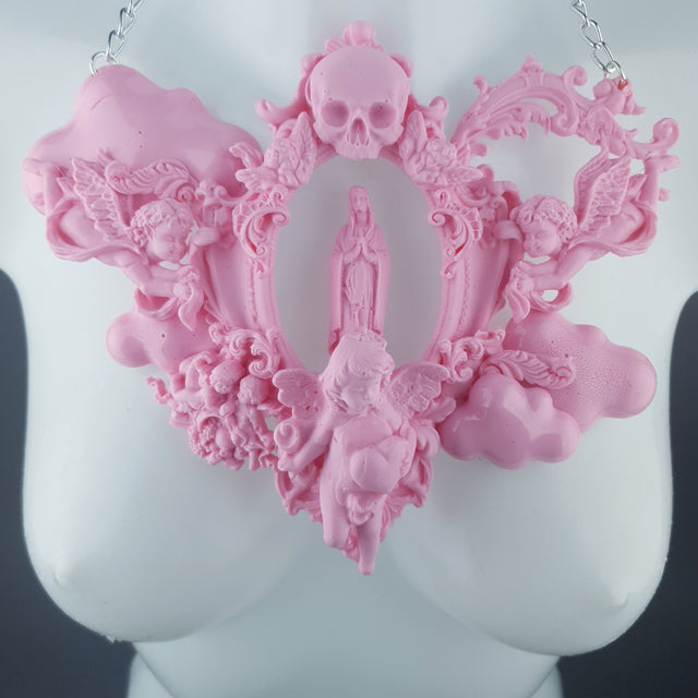 "Ascension" Pastel Pink Mary, Cherubs & Clouds Necklace