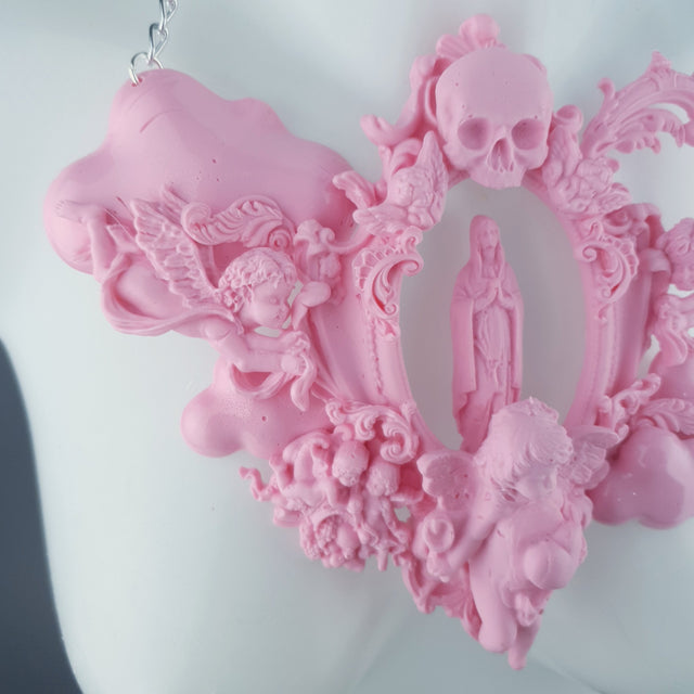 "Ascension" Pastel Pink Mary, Cherubs & Clouds Necklace