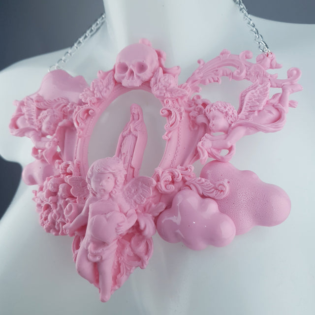 "Ascension" Pastel Pink Mary, Cherubs & Clouds Necklace
