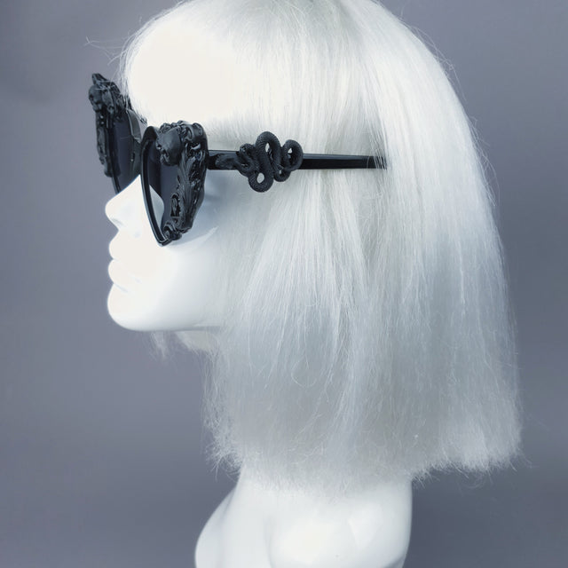 "Heart Breaker" Black Filigree Skull Heart Shaped Sunglasses