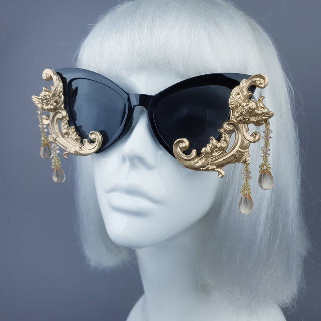 "Parisa" Black & Gold Filigree Cherub Beading Sunglasses
