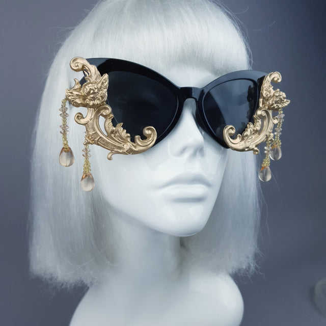 "Parisa" Black & Gold Filigree Cherub Beading Sunglasses