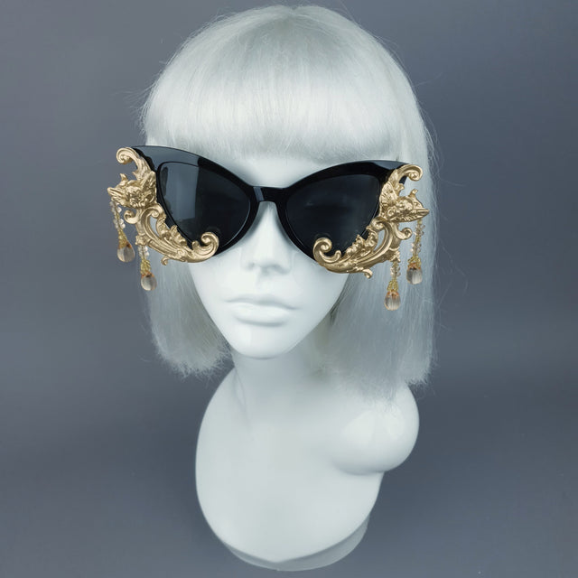 "Parisa" Black & Gold Filigree Cherub Beading Sunglasses