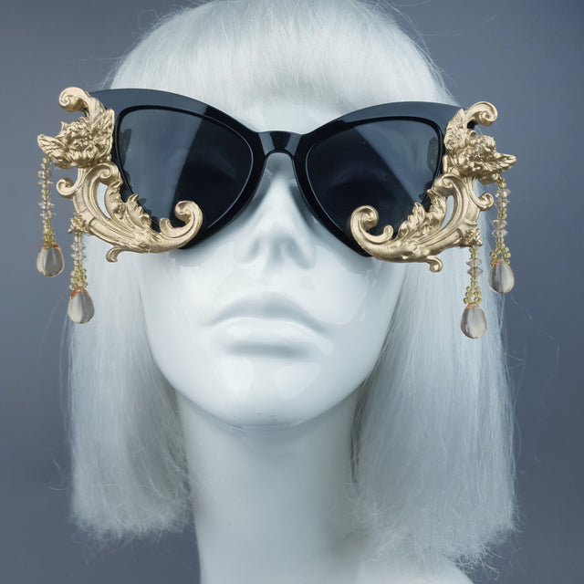 "Parisa" Black & Gold Filigree Cherub Beading Sunglasses